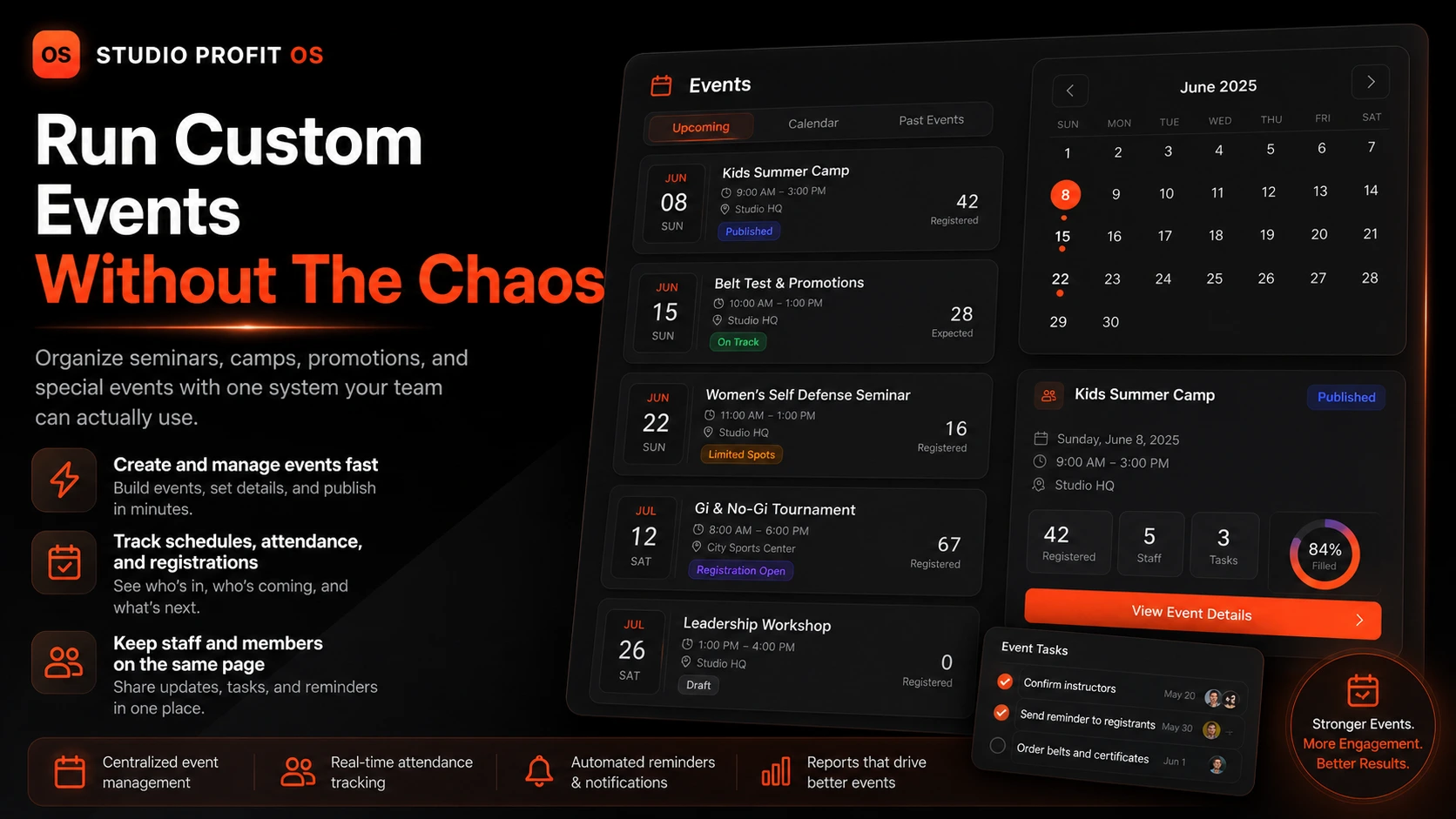 Custom events calendar with seminars, kids camps, belt test promotions, and registration tracking
