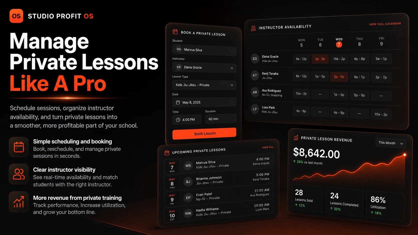 Private lesson booking interface with instructor availability, upcoming sessions, and revenue tracking showing $8,642